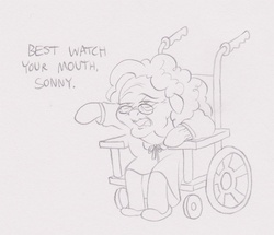 Size: 600x515 | Tagged: safe, artist:willdrawforfood1, surprise, g1, g4, elderly, g1 to g4, generation leap, glasses, monochrome, older, traditional art, wheelchair