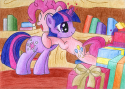 Size: 1735x1238 | Tagged: safe, artist:legeden, pinkie pie, twilight sparkle, g4, hug, present, traditional art