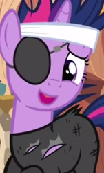 Size: 375x621 | Tagged: safe, edit, screencap, twilight sparkle, pony, unicorn, g4, it's about time, bandage, catsuit, eyepatch, future twilight, horn, inverted mouth, inverted rips