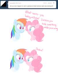 Size: 651x811 | Tagged: safe, artist:bambooharvester, pinkie pie, rainbow dash, pinkie pie replies, g4, ask, female, implied shipping, lesbian, ship:pinkiedash, shipping, tumblr