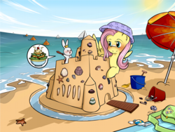 Size: 1440x1080 | Tagged: safe, artist:secret-pony, angel bunny, fluttershy, starfish, g4, beach, boat, bucket, castle, herbivore, ocean, salad, sandcastle, seashell, shell, umbrella