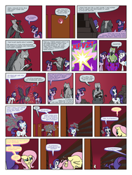 Size: 900x1200 | Tagged: safe, artist:arofatamahn, fluttershy, rarity, twilight sparkle, oc, oc:garret (arofatamahn), griffon, comic:the night the magic died, g4, backfire, comic