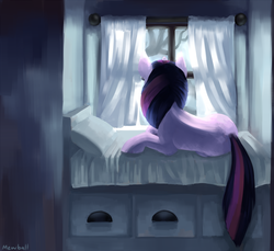 Size: 979x895 | Tagged: safe, artist:mewball, twilight sparkle, pony, g4, bed, female, solo