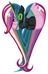 Size: 1639x2502 | Tagged: safe, artist:missitofu, queen chrysalis, alicorn, changeling, changeling queen, pony, g4, cadance two face, character to character, cute, cutealis, disguise, disguised changeling, duality, fake cadance, female, heart changeling, heart pony, mare, mid-transformation, missing cutie mark, simple background, solo, transformation, transparent background