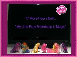 Size: 626x466 | Tagged: safe, applejack, fluttershy, pinkie pie, rainbow dash, rarity, twilight sparkle, g4, official, season 3, brushable, countdown, hype, irl, my little pony logo, photo, title drop, toy