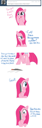 Size: 668x2008 | Tagged: safe, artist:bambooharvester, pinkie pie, earth pony, pony, pinkie pie replies, g4, ask, comic, cute, cuteamena, female, knife, mare, pinkamena diane pie, pinkie promise, solo, this will end in cupcakes, tumblr, weapon
