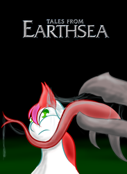 Size: 950x1300 | Tagged: safe, artist:deepermadness, oc, oc only, oc:flicker, dragon, ponibooru film night, anime, drool, face licking, film night, forked tongue, licking, poster, spit, studio ghibli, tales from earthsea, tongue out