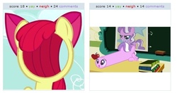 Size: 547x288 | Tagged: safe, apple bloom, diamond tiara, g4, exploitable meme, juxtaposition, juxtaposition win, wat, what has science done