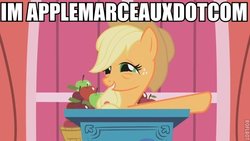 Size: 600x338 | Tagged: safe, edit, edited screencap, screencap, applejack, earth pony, pony, applebuck season, g4, my little pony: friendship is magic, season 1, basil marceaux, female, image macro, solo