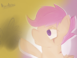 Size: 1024x768 | Tagged: safe, artist:gingnaps, scootaloo, g4, bust, drawing, no catchlights, no pupils, portrait, raised hoof, solo, wings