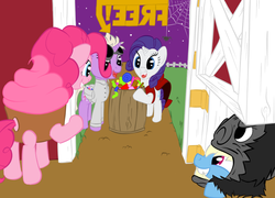 Size: 1000x721 | Tagged: safe, artist:here-for-the-ponies, pinkie pie, rainbow dash, rarity, twilight sparkle, g4, clothes, costume, cupcake, cupcake costume, food, food costume