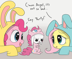 Size: 1150x950 | Tagged: safe, artist:spicyhamsandwich, angel bunny, fluttershy, pinkie pie, g4, bunny costume, bunnyshy, clothes, costume, female, lesbian, pinkie costume, pony costume, ship:flutterpie, shipping