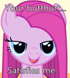 Size: 798x888 | Tagged: safe, pinkie pie, g4, butthurt, caption, image macro, pinkamena diane pie, solo