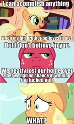 Size: 480x803 | Tagged: safe, edit, edited screencap, screencap, applejack, big macintosh, earth pony, pony, g4, the super speedy cider squeezy 6000, comic, floppy ears, male, screencap comic, serious mac, stallion, truth