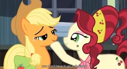 Size: 853x460 | Tagged: safe, edit, edited screencap, screencap, applejack, cherry jubilee, earth pony, pony, g4, the last roundup, caption, female, hoof on chin, implied prostitution, madame jubilee, mare, thailand, youtube caption