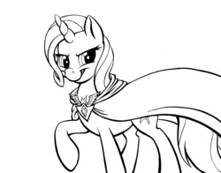 Size: 1280x1003 | Tagged: dead source, safe, artist:raynesgem, trixie, pony, unicorn, g4, magic duel, alicorn amulet, black and white, cloak, clothes, female, grayscale, mare, monochrome, simple background, smiling, solo, white background