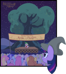 Size: 2236x2500 | Tagged: safe, artist:shadowdark3, spike, twilight sparkle, g4, bilbo baggins, comic, fellowship is magic, gandalf, gandalf the grey, lord of the rings, night, stage, stars, tree