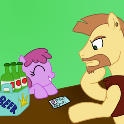 Size: 1000x1000 | Tagged: safe, artist:madmax, berry punch, berryshine, oc, g4, alcohol, beard, beer, eyes closed, fake id, filly, frown, grin, hello, id card, nice try, open mouth, seems legit, smiling, thinking, underaged drinking, younger