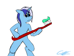 Size: 800x600 | Tagged: safe, minuette, pony, unicorn, semi-anthro, g4, bipedal, toothbrush, toothpaste