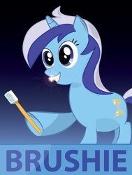 Size: 718x950 | Tagged: safe, minuette, pony, unicorn, g4, brushie, dexterous hooves, female, mare, propaganda, smiling, solo, toothbrush