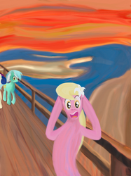 Size: 1318x1759 | Tagged: safe, artist:easteu, bon bon, lily, lily valley, lyra heartstrings, sweetie drops, pony, g4, fine art parody, parody, the horror, the scream