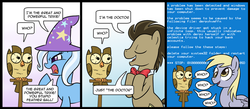 Size: 900x394 | Tagged: safe, artist:madmax, derpy hooves, doctor whooves, owlowiscious, time turner, trixie, bird, earth pony, owl, pegasus, pony, g4, blue screen of death, comic, delete system32, female, male, mare, stallion, system32, who