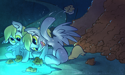 Size: 1000x600 | Tagged: safe, artist:atryl, derpy hooves, pegasus, pony, g4, cave, cave pool, duality, female, mare, mirror pool, muffin