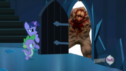 Size: 854x480 | Tagged: safe, spike, twilight sparkle, g4, the crystal empire, meme, quake, quake 1, shambler, the scary door