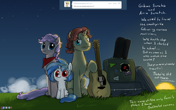 Size: 1920x1200 | Tagged: dead source, safe, artist:valcron, dj pon-3, vinyl scratch, oc, oc:aria scratch, oc:gibson scratch, earth pony, pony, unicorn, ask dj pon3, g4, ask, family photo, female, filly, filly vinyl scratch, guitar, headcanon, male, mare, musical instrument, parent, stallion, text, trio, tumblr, younger
