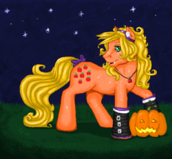 Size: 611x565 | Tagged: safe, artist:silvermoonbreeze, applejack (g1), earth pony, pony, g1, 2008, bow, clothes, fangs, female, halloween, headband, holiday, jack-o-lantern, leg warmers, mare, ms paint, night, night sky, open mouth, open smile, pumpkin, sky, smiling, solo, stars, tail, tail bow, turned head