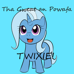 Size: 800x800 | Tagged: safe, artist:kloudmutt, edit, trixie, pony, unicorn, g4, :d, blue background, cute, diatrixes, filly, looking up, simple background, text, younger