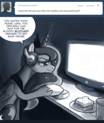 Size: 650x763 | Tagged: safe, artist:johnjoseco, princess luna, alicorn, pony, ask princess molestia, gamer luna, g4, ask, comic, computer, computer mouse, drink, headphones, plate, sandwich, straw, tumblr