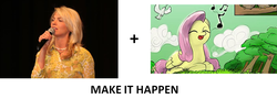 Size: 1100x394 | Tagged: safe, fluttershy, human, g4, all caps, crossover, exploitable meme, make it happen, meme, mindy gledhill, singing