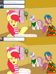 Size: 1280x1706 | Tagged: safe, artist:tails-doll-lover, apple bloom, scootaloo, sweetie belle, g4, ask, cloak, clothes, cutie mark crusaders, hat, scarf, teenage crusaders answers, teenager, tumblr, wreath