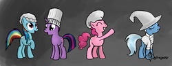 Size: 3153x1227 | Tagged: safe, artist:tetrapony, pinkie pie, rainbow dash, trixie, twilight sparkle, g4, chef, hat