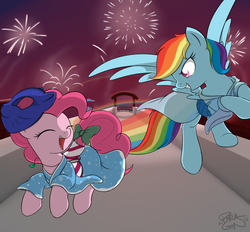 Size: 1400x1300 | Tagged: safe, artist:theparagon, pinkie pie, rainbow dash, g4, duo, kimono (clothing)