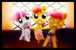 Size: 3800x2541 | Tagged: safe, artist:porkchopsammie, apple bloom, scootaloo, sweetie belle, earth pony, pegasus, pony, unicorn, g4, backlighting, cutie mark crusaders, female, filly, milkshake, table, window