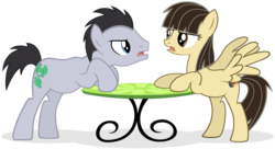 Size: 5000x2722 | Tagged: safe, artist:sagrag, lucky clover, wild fire, earth pony, pegasus, pony, g4, argument, debate, female, luckyfire, male, mare, shipping, sibsy, simple background, stallion, straight, table, transparent background, vector