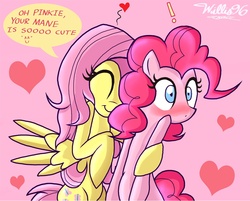 Size: 1086x873 | Tagged: safe, artist:walliscolours, fluttershy, pinkie pie, g4, blushing, cute, female, lesbian, ship:flutterpie, shipping