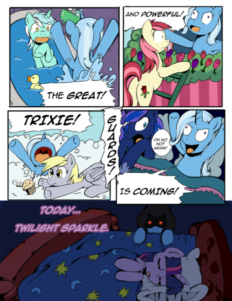 168754 - safe, artist:darkstarchan, derpy hooves, lyra heartstrings,  princess luna, roseluck, trixie, twilight sparkle, pegasus, pony, bed,  comic, derp, dream, female, inconvenient trixie, mare, muffin, not again,  sleeping, the great and powerful