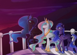 Size: 1280x905 | Tagged: safe, artist:xd-385, nightmare moon, princess celestia, princess luna, alicorn, pony, fanfic:the lost element, g4, alicorn triarchy, anatomically incorrect, armor, balcony, crown, ethereal hair, ethereal mane, ethereal tail, eye contact, eyeshadow, fanfic art, female, grin, hoof shoes, incorrect leg anatomy, jewelry, larger female, lidded eyes, looking at each other, looking back, makeup, mare, mountain, nicemare moon, night, open mouth, peytral, princess, princess shoes, raised leg, regalia, royal sisters, sisters, size difference, smaller female, smiling, starry hair, starry mane, starry sky, starry tail, stars, tail, translucent mane, translucent tail, trio, trio female