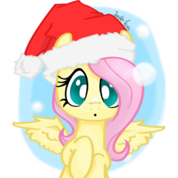 Size: 1000x1000 | Tagged: safe, artist:jonah-yeoj, fluttershy, pegasus, pony, g4, :o, christmas, colored pupils, cute, female, hat, holiday, mare, open mouth, santa hat, shyabetes, snow, snowfall, solo