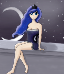 Size: 900x1037 | Tagged: safe, artist:winteriscomin, princess luna, human, g4, crescent moon, female, humanized, sitting, solo