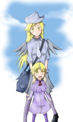 Size: 603x1000 | Tagged: safe, artist:hannia-san, derpy hooves, dinky hooves, human, equestria games (episode), g4, bag, blushing, equestria games, equestria's best mother, hat, horn, horned humanization, humanized, mailbag, necktie, winged humanization