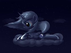 Size: 1600x1200 | Tagged: safe, artist:icefairy64, princess luna, pony, g4, cloud, female, filly, night, smiling, solo, windswept mane, woona