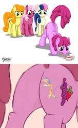 Size: 1000x1640 | Tagged: source needed, safe, artist:mysticalpha, edit, berry punch, berryshine, bon bon, carrot top, cheerilee, discord, golden harvest, sweetie drops, earth pony, pony, g4, butt, eyes on the prize, face down ass up, female, looking at butt, mare, plot, raised tail, tail, tongue out