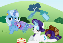 Size: 1024x700 | Tagged: safe, artist:lovelyroseth-sketchs, rarity, trixie, pony, unicorn, g4, female, lesbian, magic, mare, picnic, rarixie, shipping