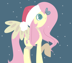 Size: 900x786 | Tagged: safe, artist:melaenie, fluttershy, butterfly, pegasus, pony, g4, abstract background, butterfly on nose, christmas, female, hat, holiday, insect on nose, mare, santa hat, solo, spread wings, wings