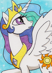 Size: 250x350 | Tagged: safe, artist:nikkiwardart, princess celestia, alicorn, pony, g4, crown, female, jewelry, looking back, mare, peytral, regalia, smiling, solo, spread wings, wings