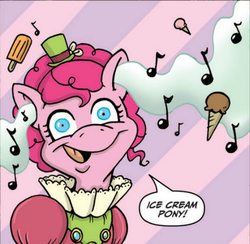Size: 524x511 | Tagged: safe, artist:katie cook, idw, official comic, pinkie pie, earth pony, pony, g4, the return of queen chrysalis, spoiler:comic, ice cream, solo, wat